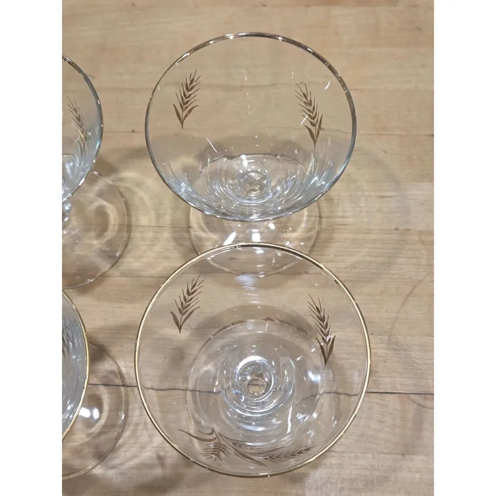 Vintage Mid Century Gold Wheat Harvest Cocktail Glasses Set 4 Wine Glasses 4.5